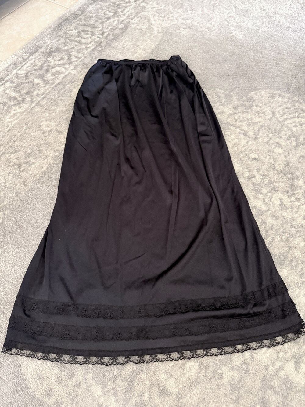 Vintage Underworks Black Maxi Slip Skirt Lace Side Slit Y2K Goth USA XL